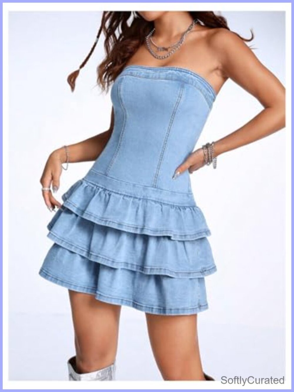 WDIRARA Strapless Layered Ruffle Denim Mini Dress Bandeau Casual - Picture 4 of 5